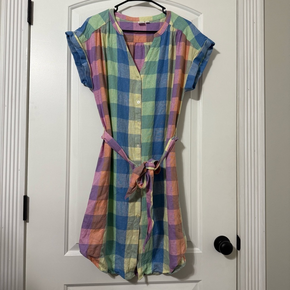 Gap Plaid Midi Shirt Dress Women’s Size Medium Easter Spring V-Neck Linen Blend